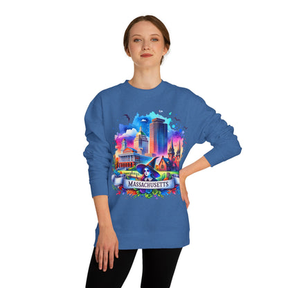 Massachusetts Skyline Crewneck Sweatshirt — Colorful Boston Landmark Graphic