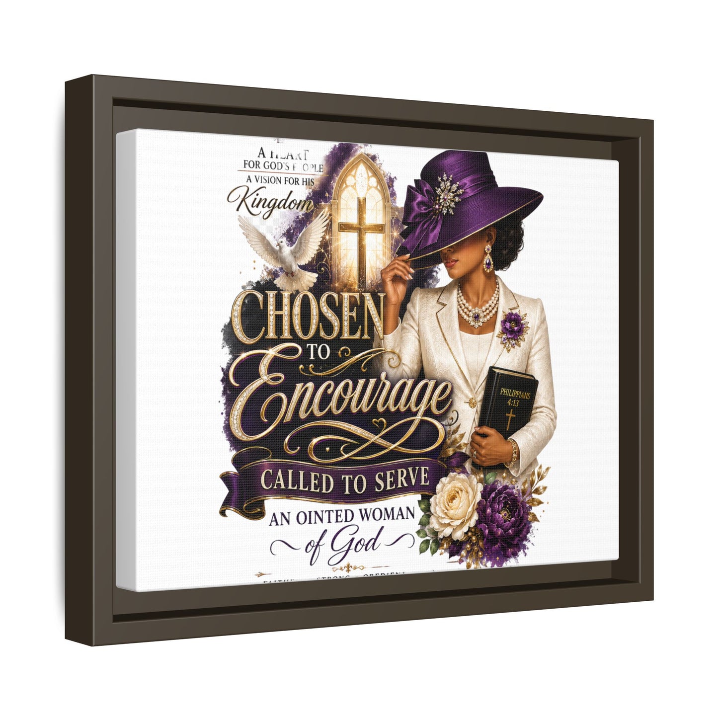 Chosen to Encourage — Framed Faith Canvas Wall Art (Called to Serve, Anointed Woman of God)