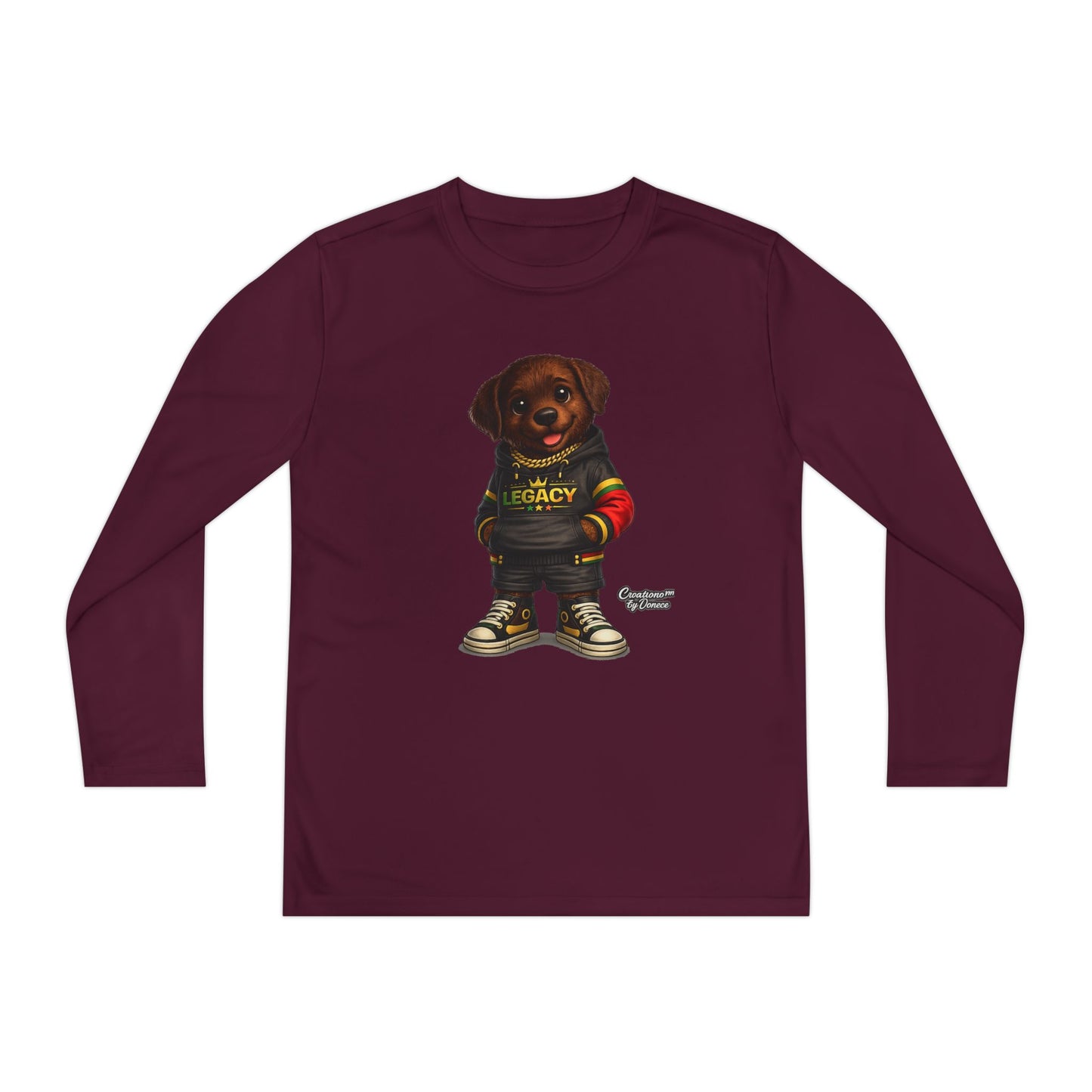 Kids Long Sleeve Tee — Brown Puppy Wearing 'Legacy' Hoodie Graphic