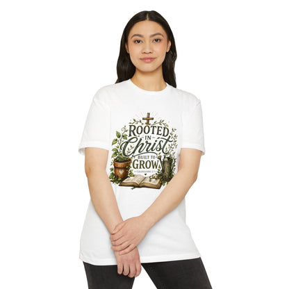 Rooted in Christ T-Shirt – Christian Faith Garden Graphic (Built to Grow)