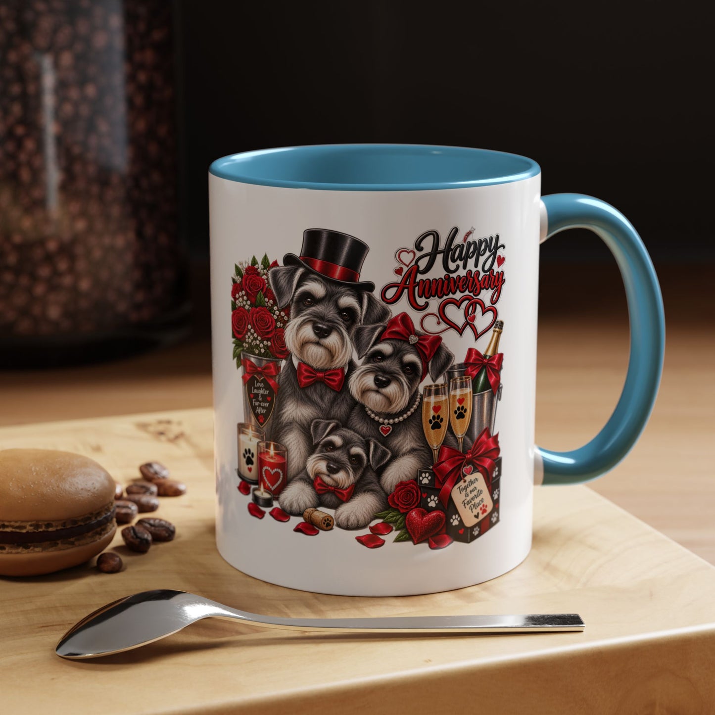 Happy Anniversary Dog Coffee Mug — Cute Pups, Champagne & Roses Accent Mug