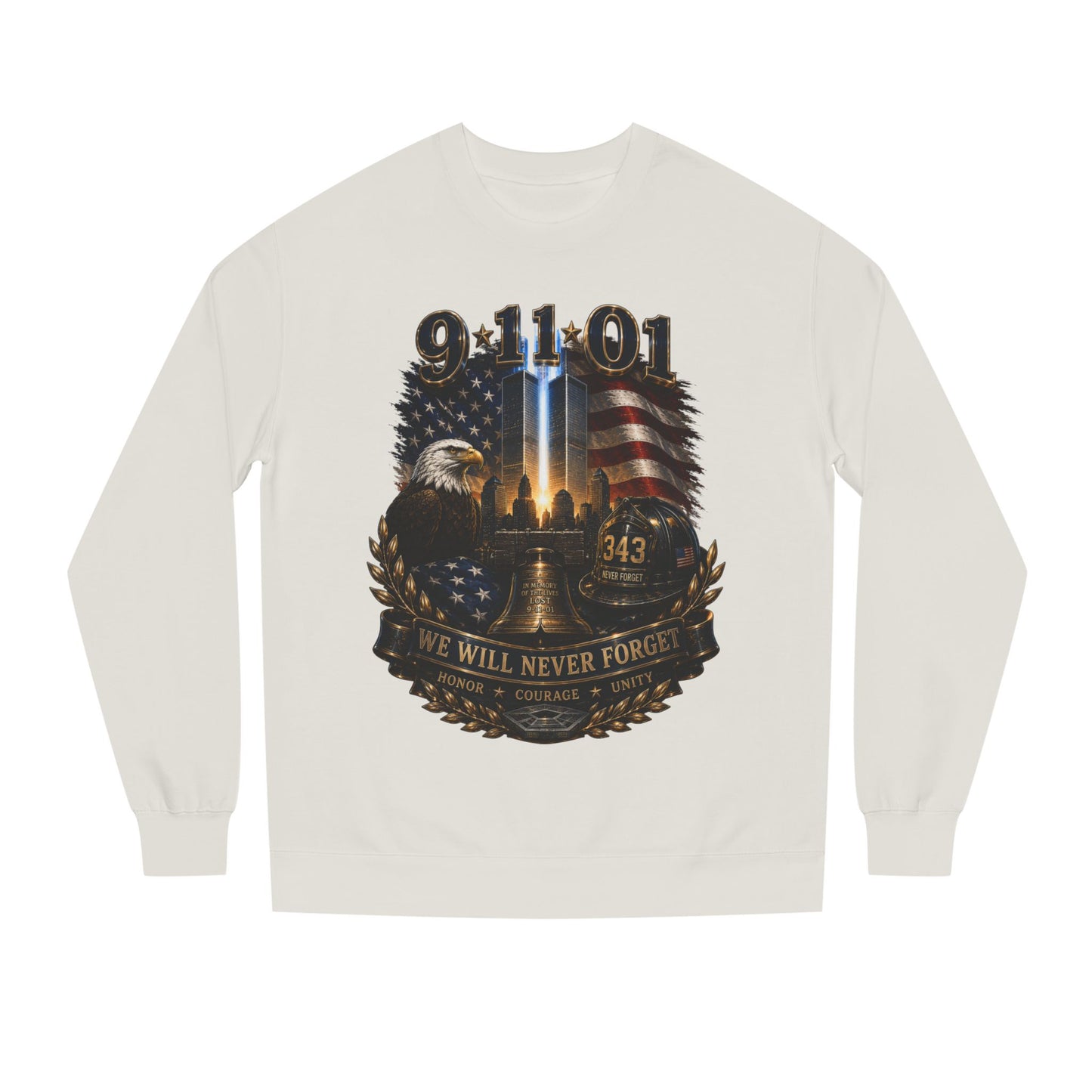 9/11 Remembrance Crewneck Sweatshirt — We Will Never Forget Memorial Tee