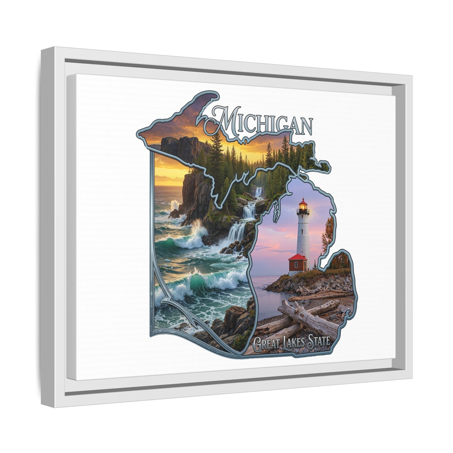 Michigan Framed Canvas Wall Art — Great Lakes State Lighthouse & Shoreline Print