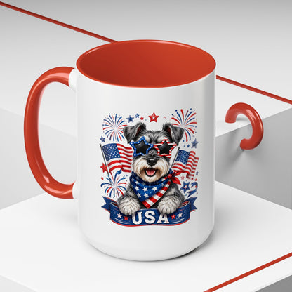 Patriotic Schnauzer Coffee Mug – USA Flag, Fireworks Accent Mug (11/15oz)