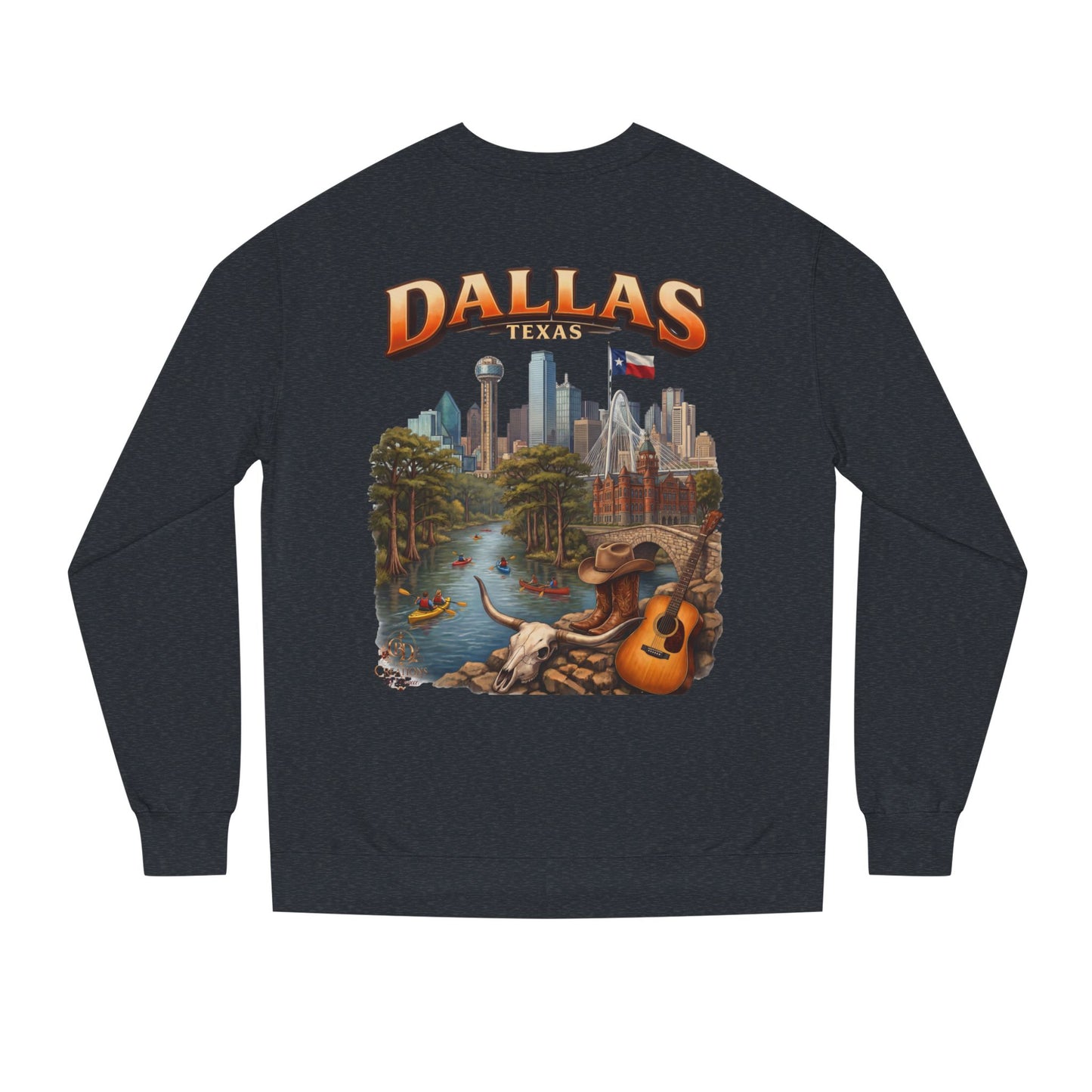 Dallas Skyline Crewneck Sweatshirt — Texas Cityscape & Acoustic Guitar Design