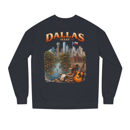 Dallas Skyline Crewneck Sweatshirt — Texas Cityscape & Acoustic Guitar Design