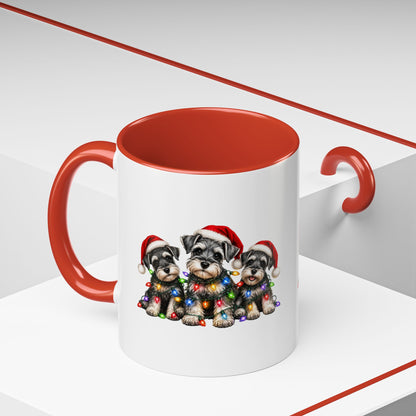 Christmas Puppy Coffee Mug — Cute Schnauzer Trio with Santa Hats & Holiday Lights (11/15oz)