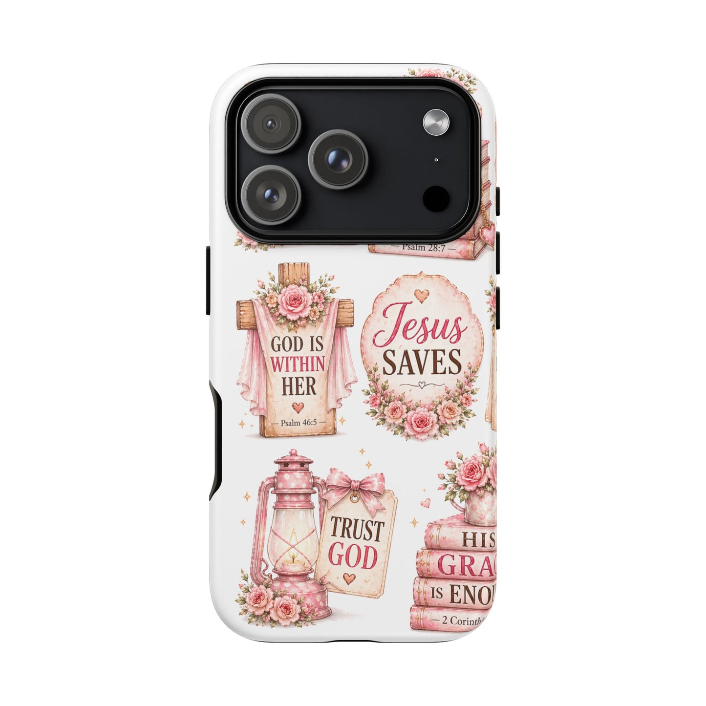 Christian Phone Case — Jesus Saves Floral Tough Case with 'God Is Within Her' & 'Trust God' Design
