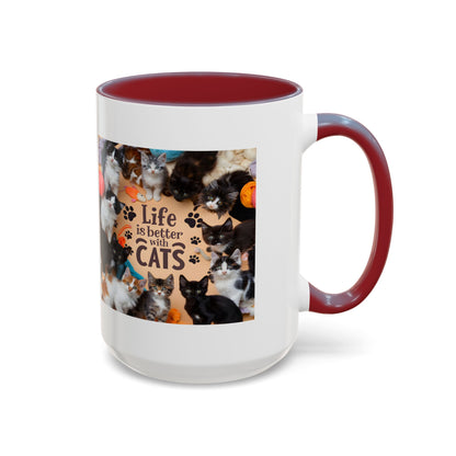 Cat Lover Accent Coffee Mug — “Life Is Better With Cats” 11/15oz