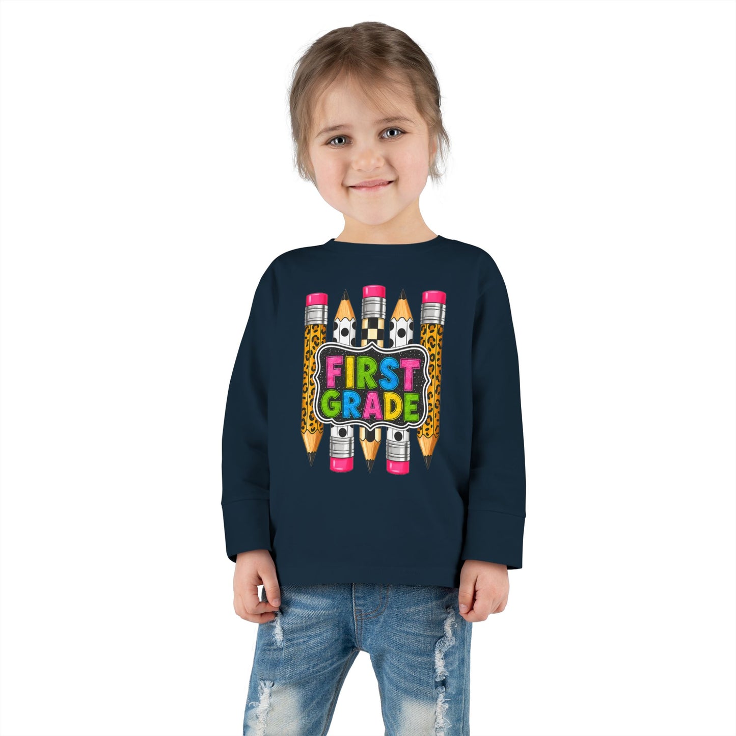 First Grade Toddler Long Sleeve Tee - Colorful Pencils Back-to-School Shirt