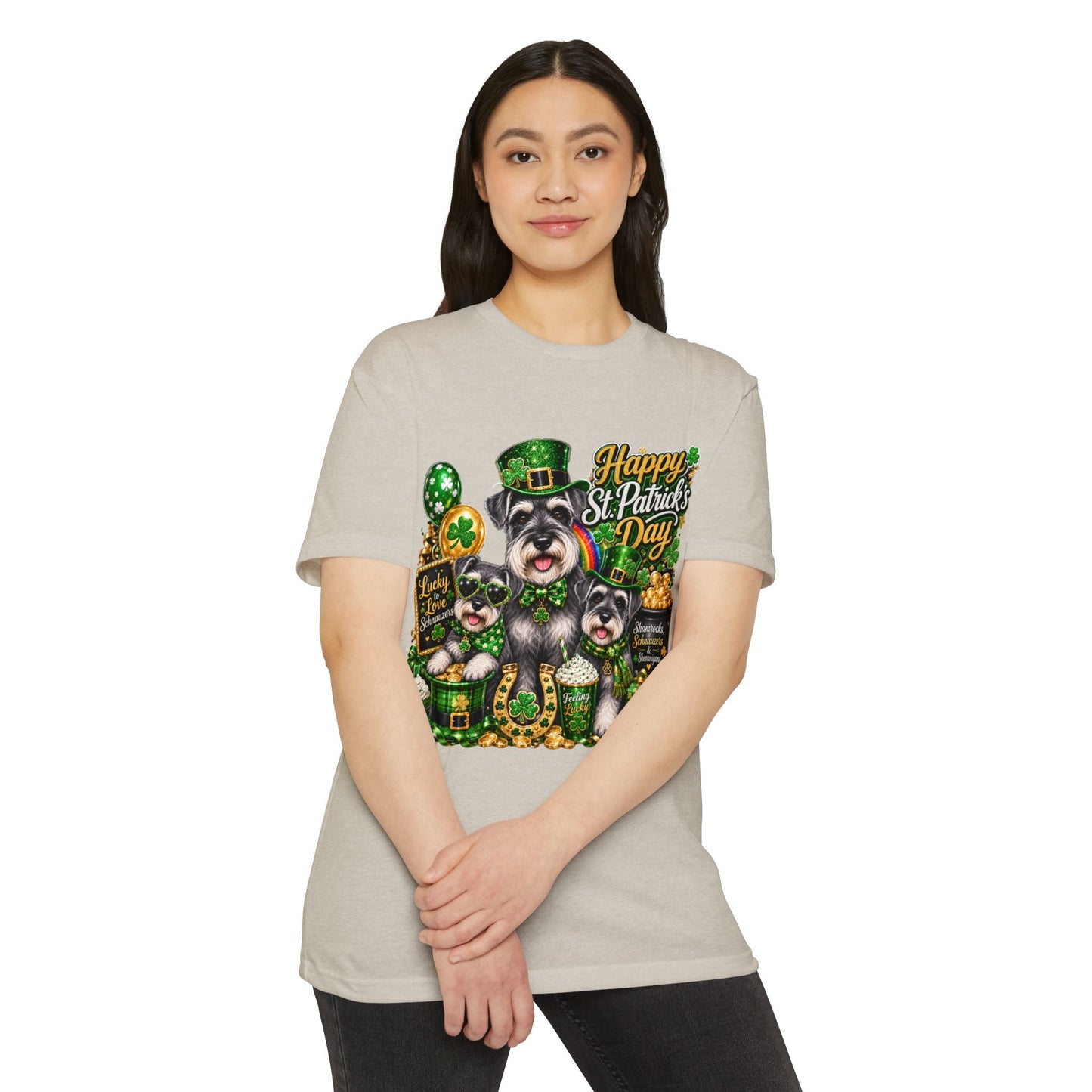 St. Patrick's Day Schnauzer T-Shirt — "Happy St. Patrick's Day" Lucky Dogs Tee
