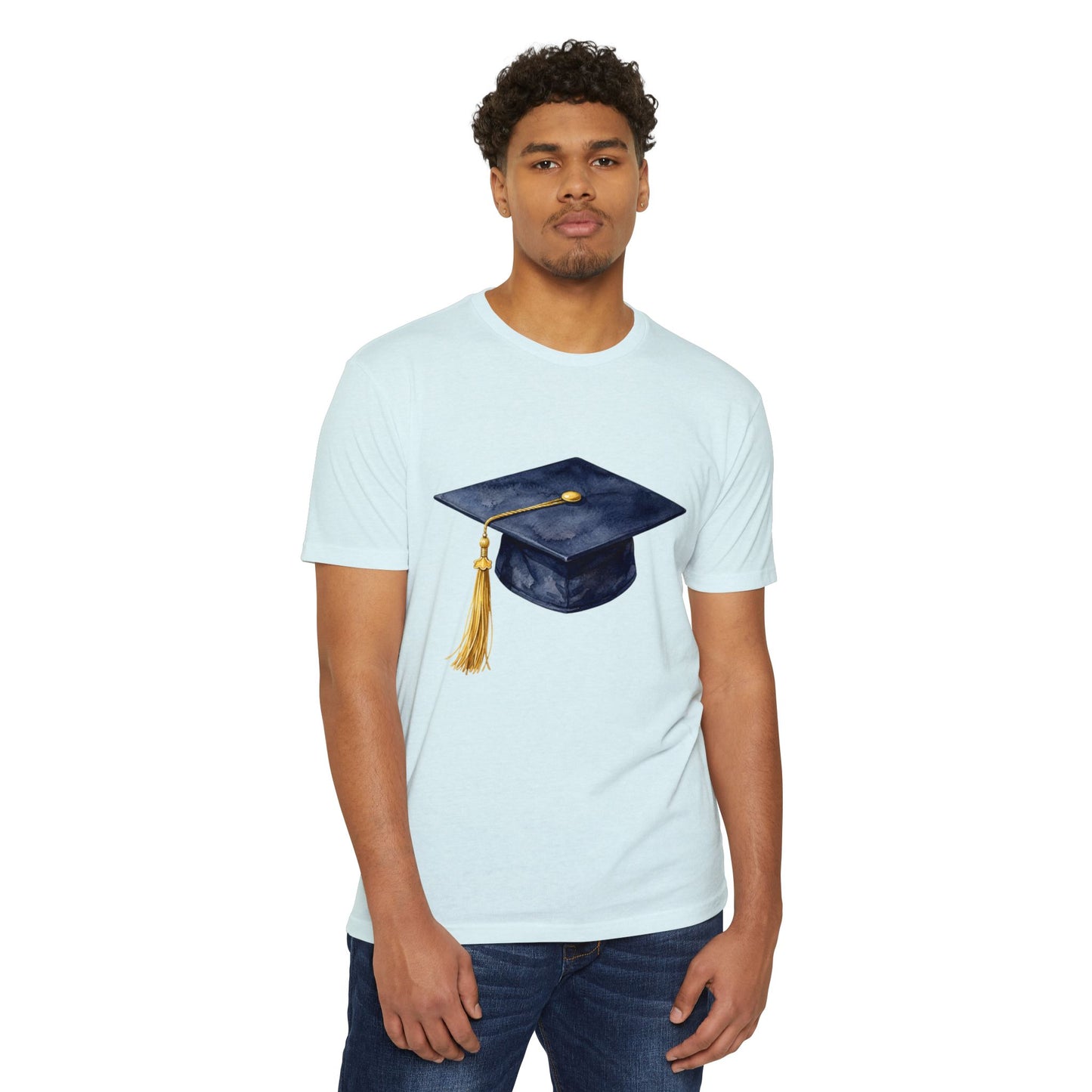 Graduation Cap T-Shirt — Navy Mortarboard with Gold Tassel