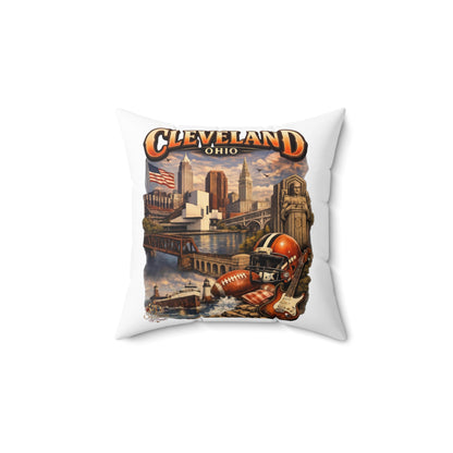 Cleveland Vintage Skyline Throw Pillow – Ohio Cityscape with Football & Rock Icons