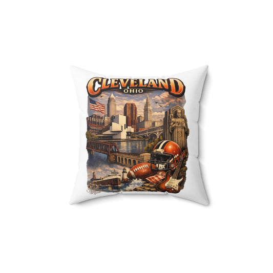 Cleveland Vintage Skyline Throw Pillow – Ohio Cityscape with Football & Rock Icons