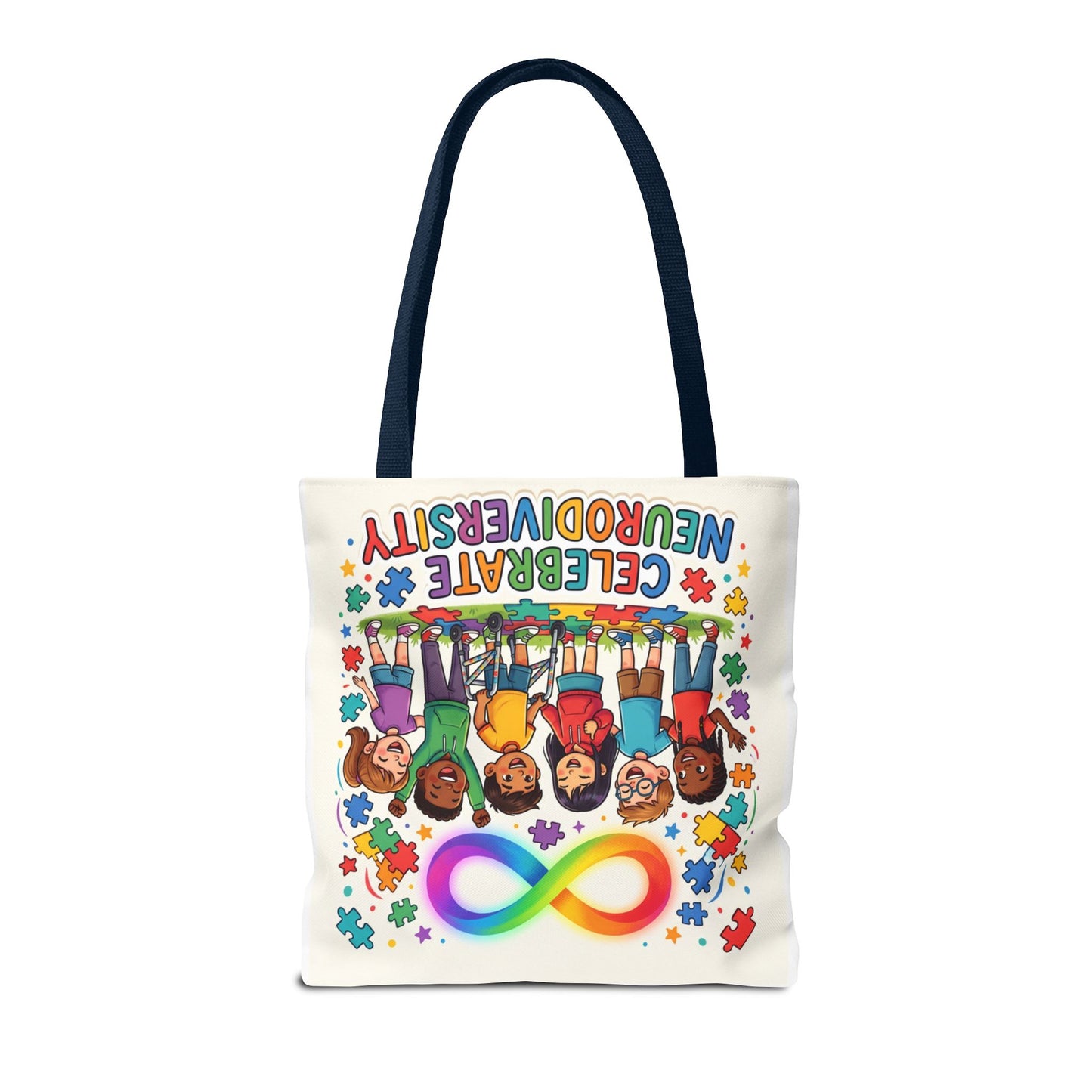 Celebrate Neurodiversity Tote Bag — Rainbow Infinity Symbol & Kids Design