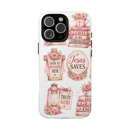 Christian Phone Case — Jesus Saves Floral Tough Case with 'God Is Within Her' & 'Trust God' Design