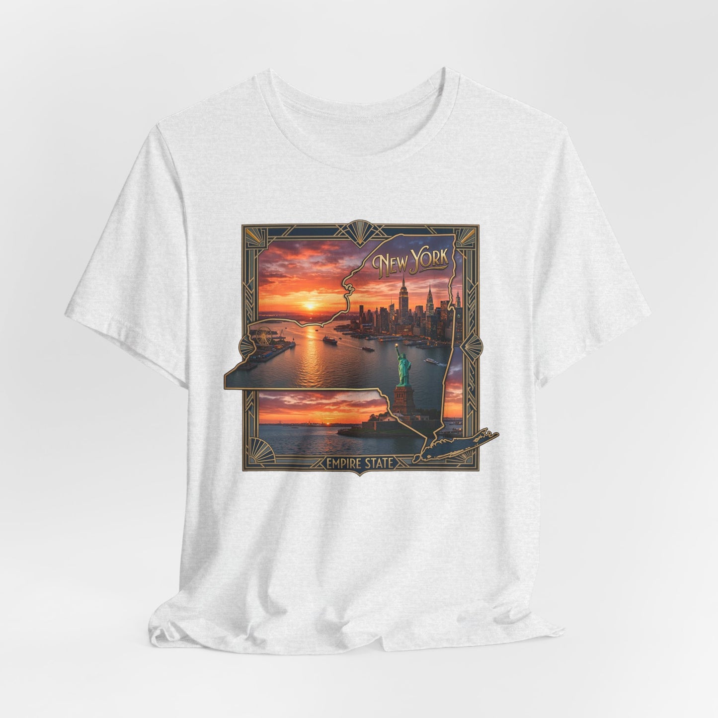 New York Sunset Skyline Tee — Statue of Liberty Vintage Travel T‑Shirt