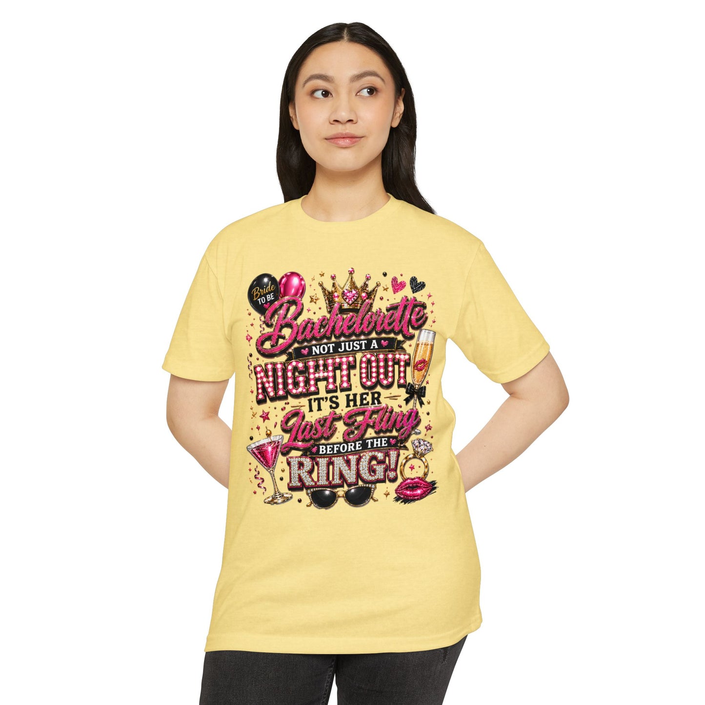 Bachelorette Party T-Shirt — "Not Just a Night Out, It’s Her Last Fling Before the Ring"