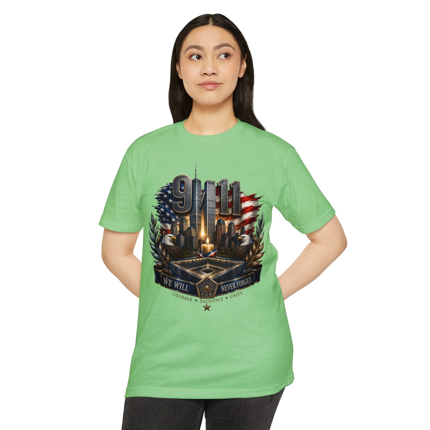 9/11 Never Forget Memorial T-Shirt — Tribute American Flag Skyline Tee