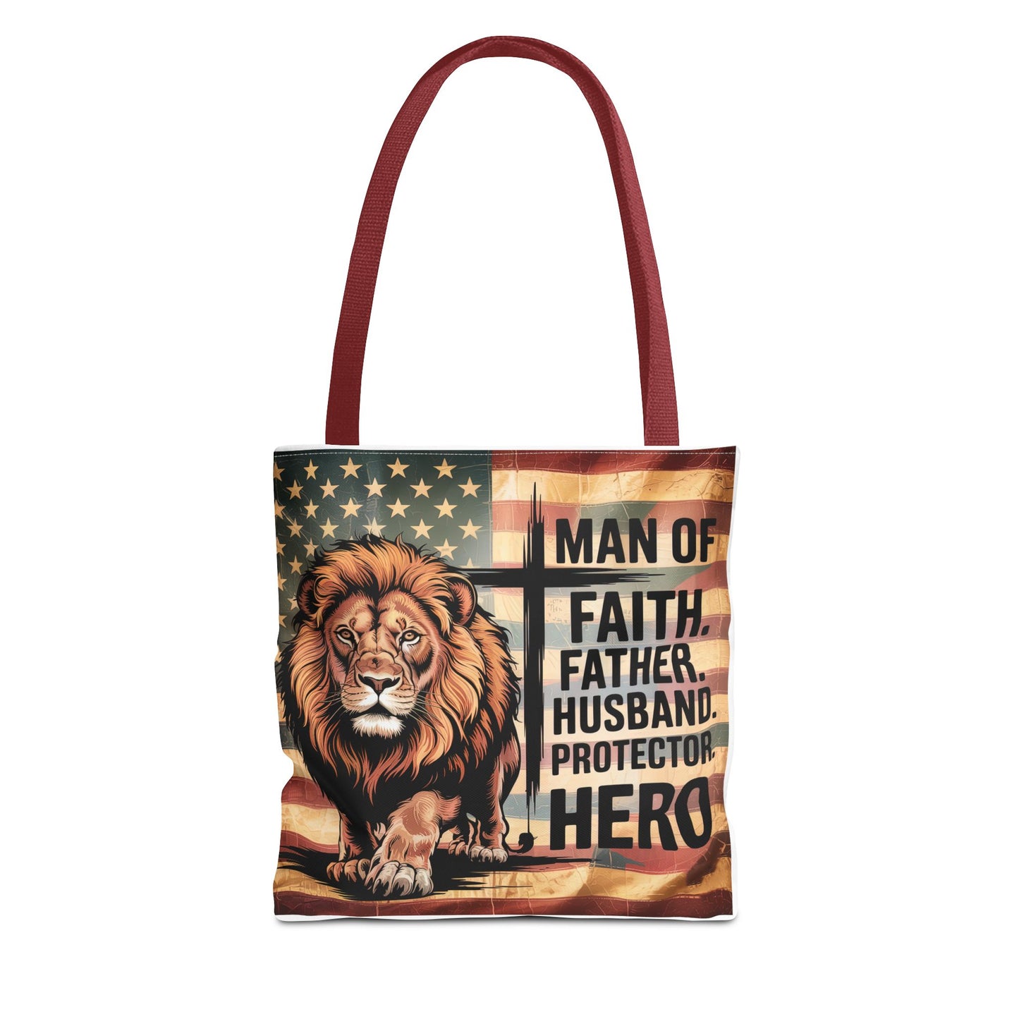 Tote — "Man of Faith, Father, Husband, Protector, Hero" Patriotic Lion Tote