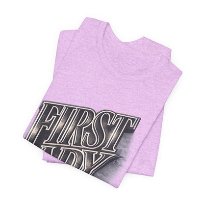 First Lady Graphic Tee — Retro Metallic Script Short Sleeve Shirt