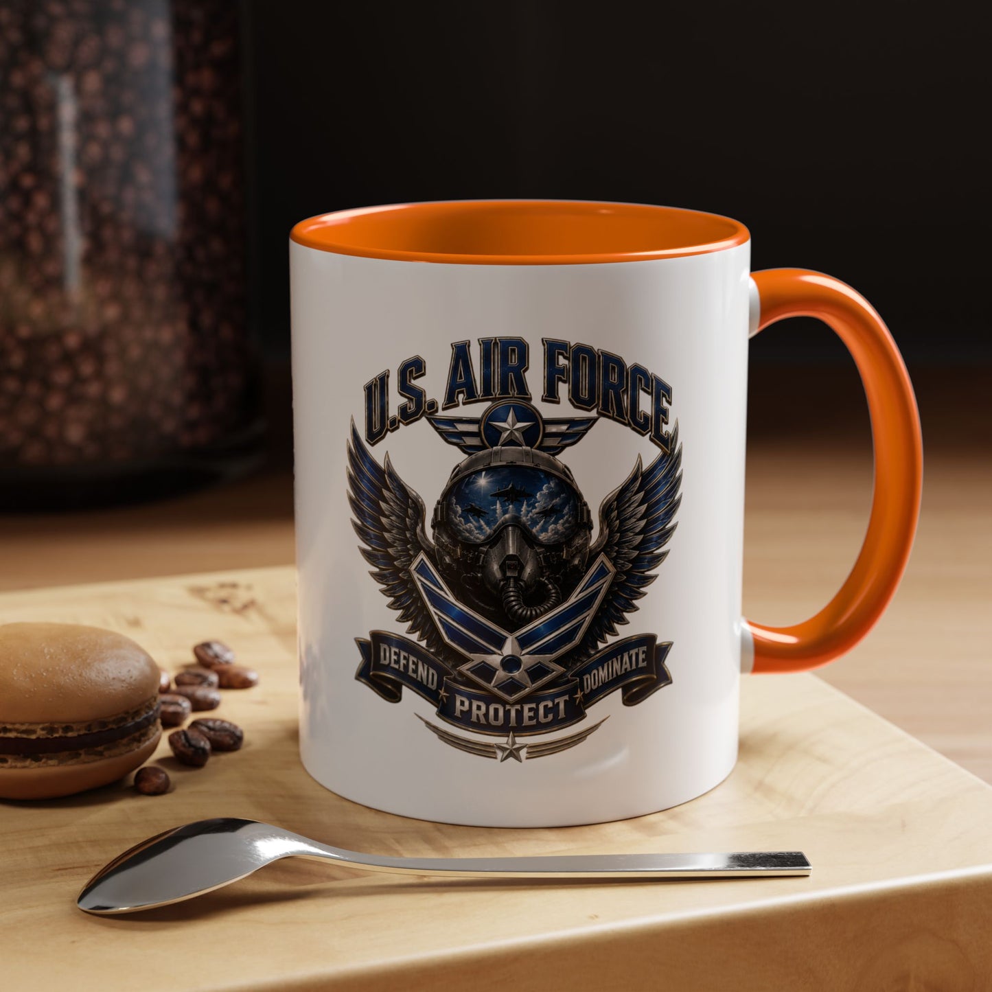 U.S. Air Force Emblem Accent Coffee Mug — Defend Protect Dominate (11/15oz)