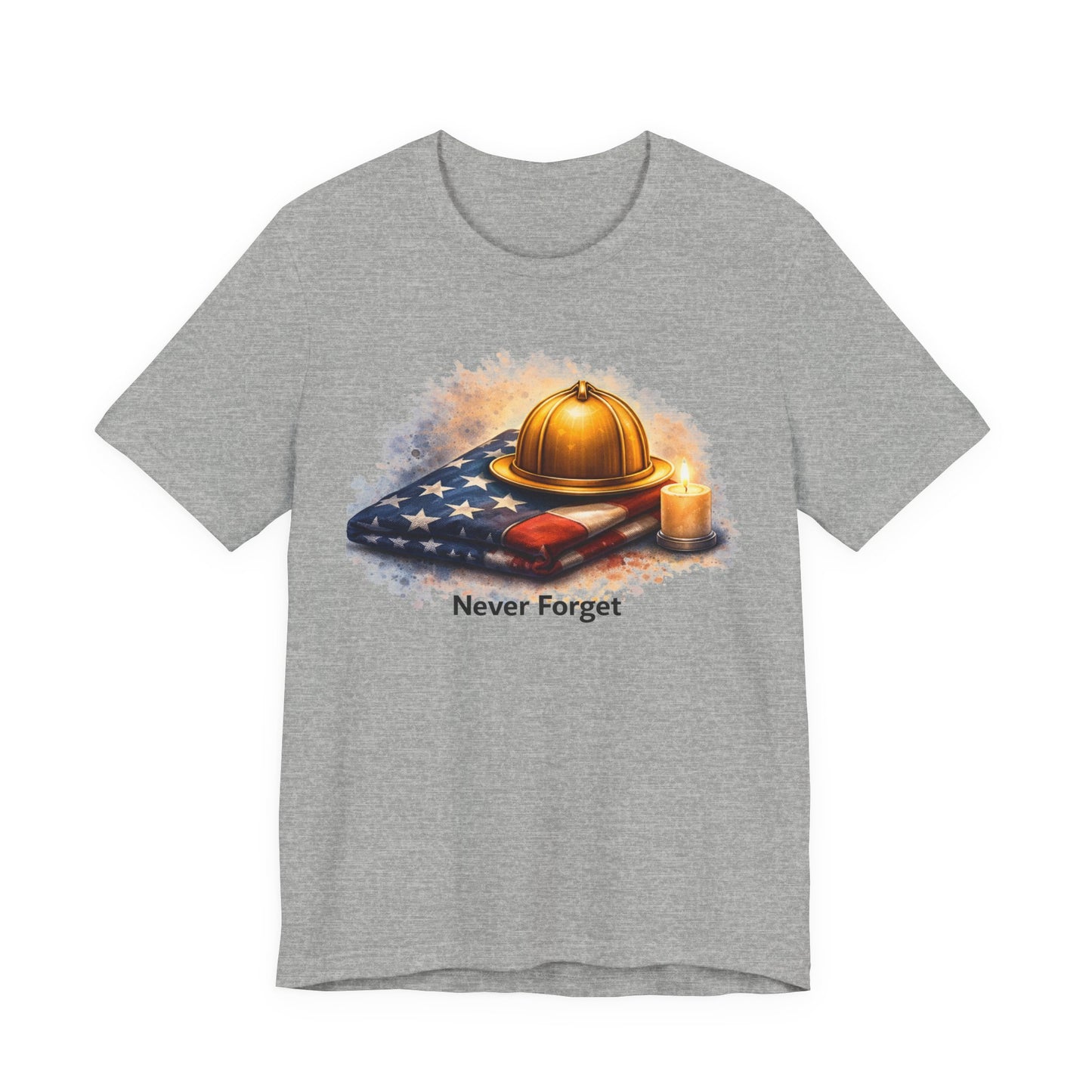 Never Forget Memorial T‑Shirt — Firefighter Helmet & Flag Tribute