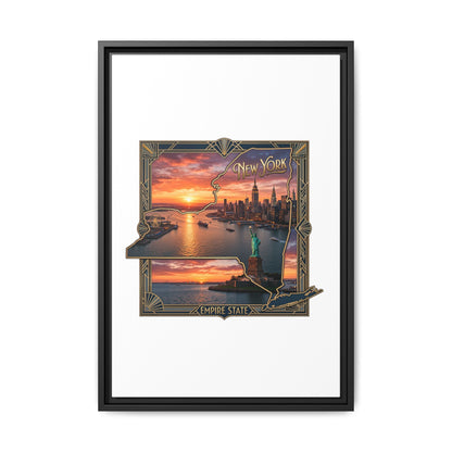 Framed Matte Canvas Wall Art — New York City Sunset Skyline with Statue of Liberty