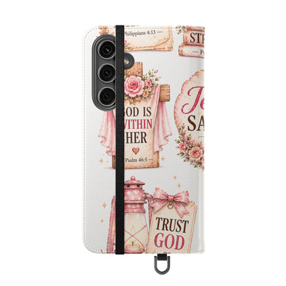 Christian Floral Phone Flip Case — "Jesus Saves" & Inspirational Scripture Wallet Cover