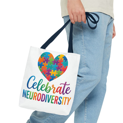 Celebrate Neurodiversity Tote Bag – Rainbow Puzzle Heart Awareness Tote