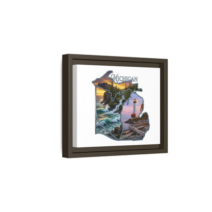 Michigan Framed Canvas Wall Art — Great Lakes State Lighthouse & Shoreline Print