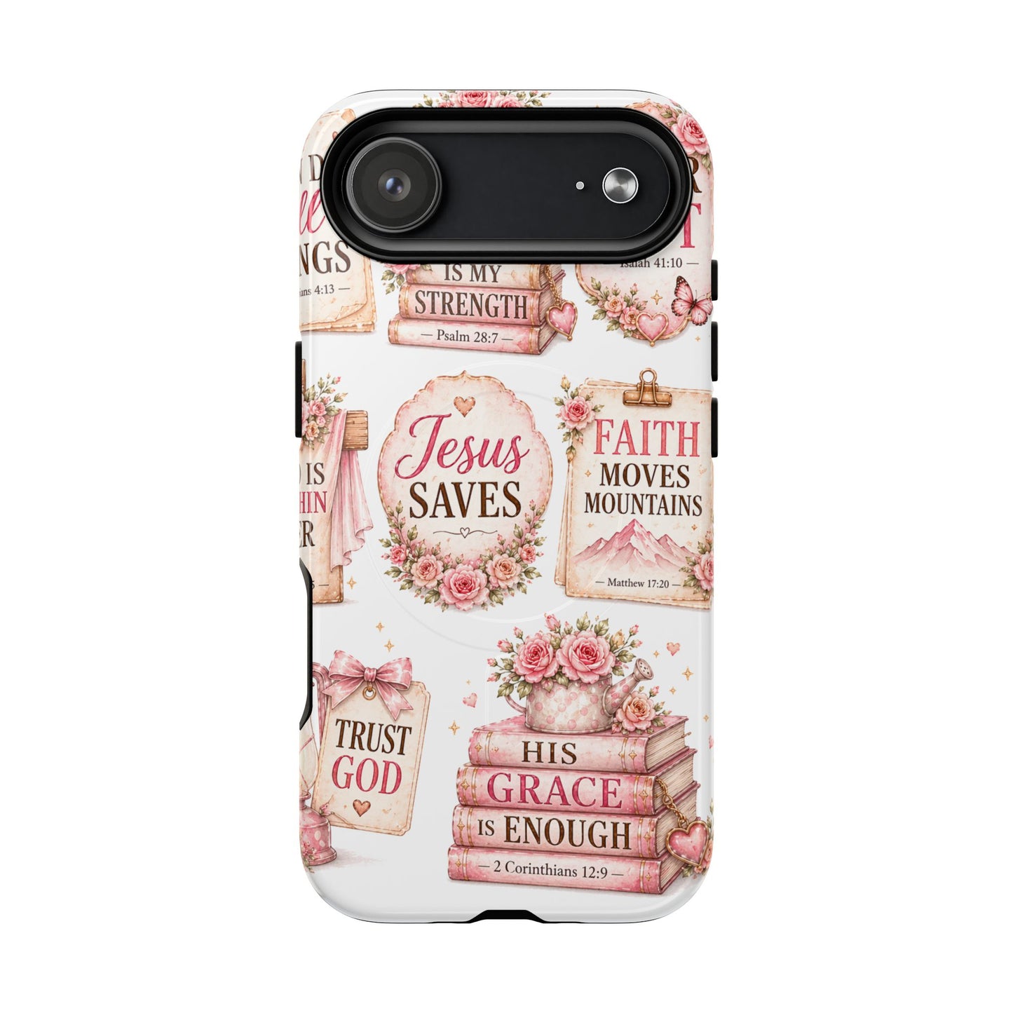 Christian Faith iPhone Tough Magnetic Case — 'Jesus Saves' Floral Scripture Design (Fear Not, Faith Moves Mountains)