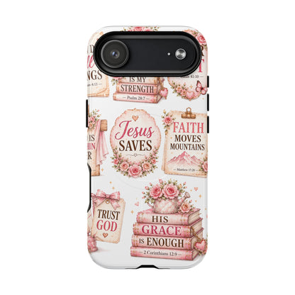 Christian Faith iPhone Tough Magnetic Case — 'Jesus Saves' Floral Scripture Design (Fear Not, Faith Moves Mountains)