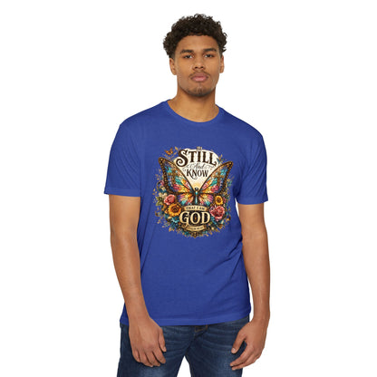 Christian Butterfly T-Shirt — "Be Still and Know That I Am God" Inspirational Tee