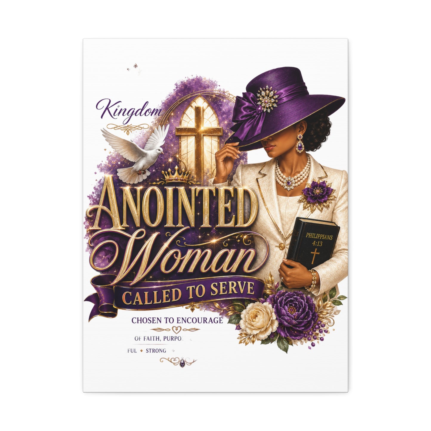Anointed Woman Stretched Canvas — "Called to Serve" Faith Wall Art (Purple Hat & Bible)