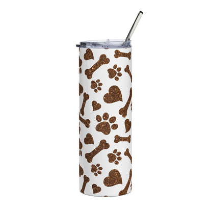 20oz Stainless Steel Tumbler — Brown Paw Prints & Bones Pattern
