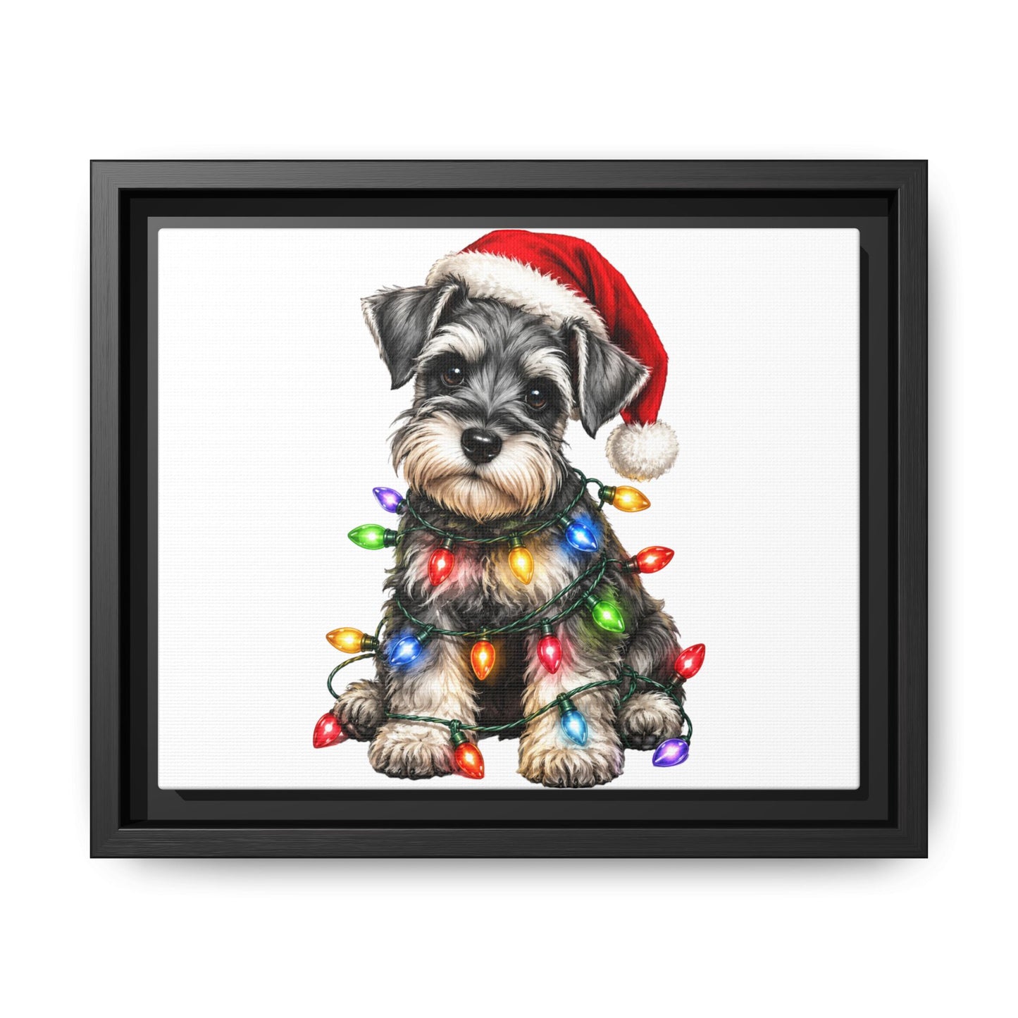 Holiday Schnauzer Canvas Print — Framed Matte Wall Art with Christmas Lights