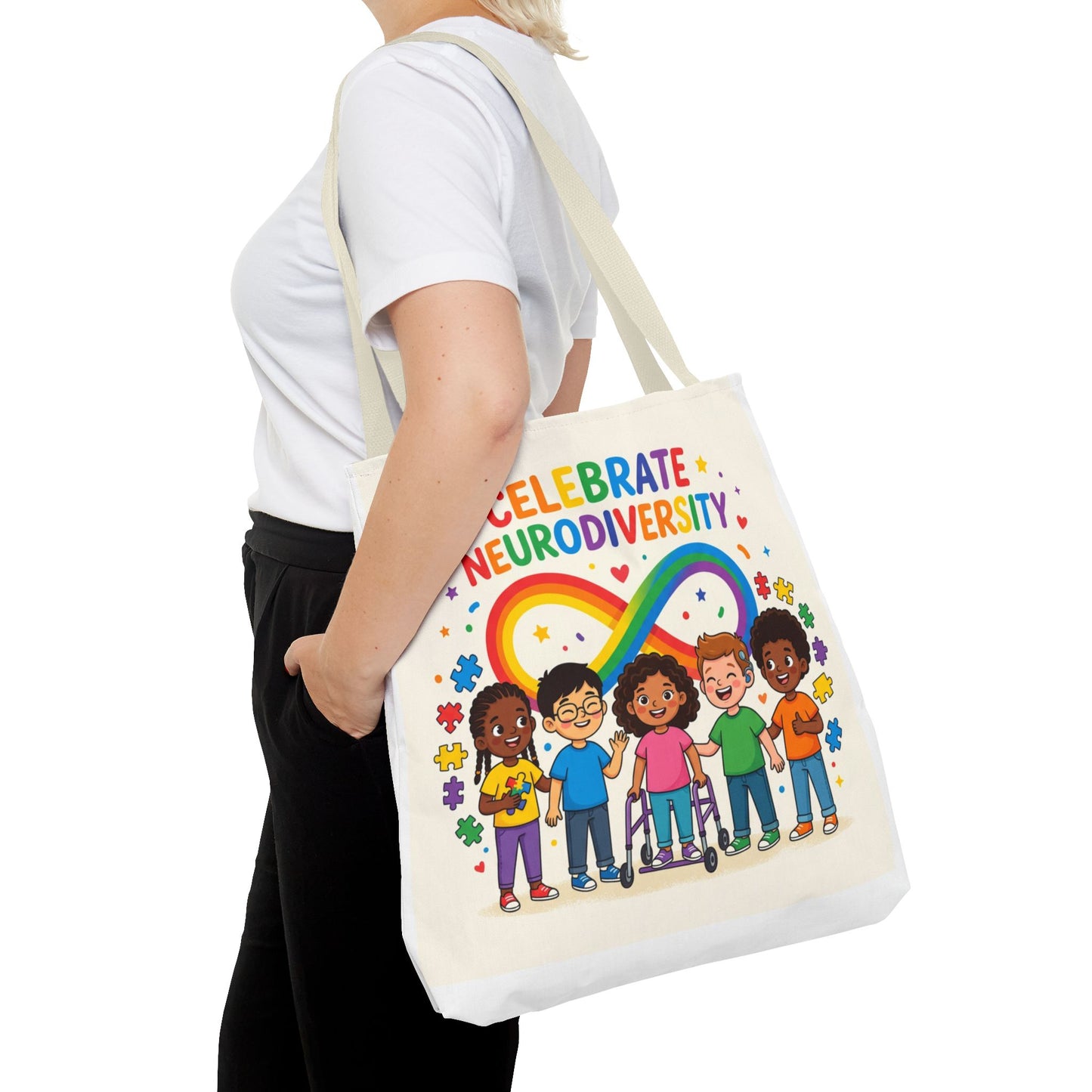Celebrate Neurodiversity Tote Bag — Rainbow Infinity Symbol with Diverse Kids