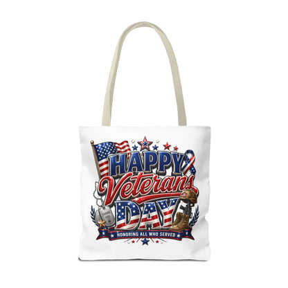 Veterans Day Tote Bag — "Happy Veterans Day" Patriotic All-Over Print