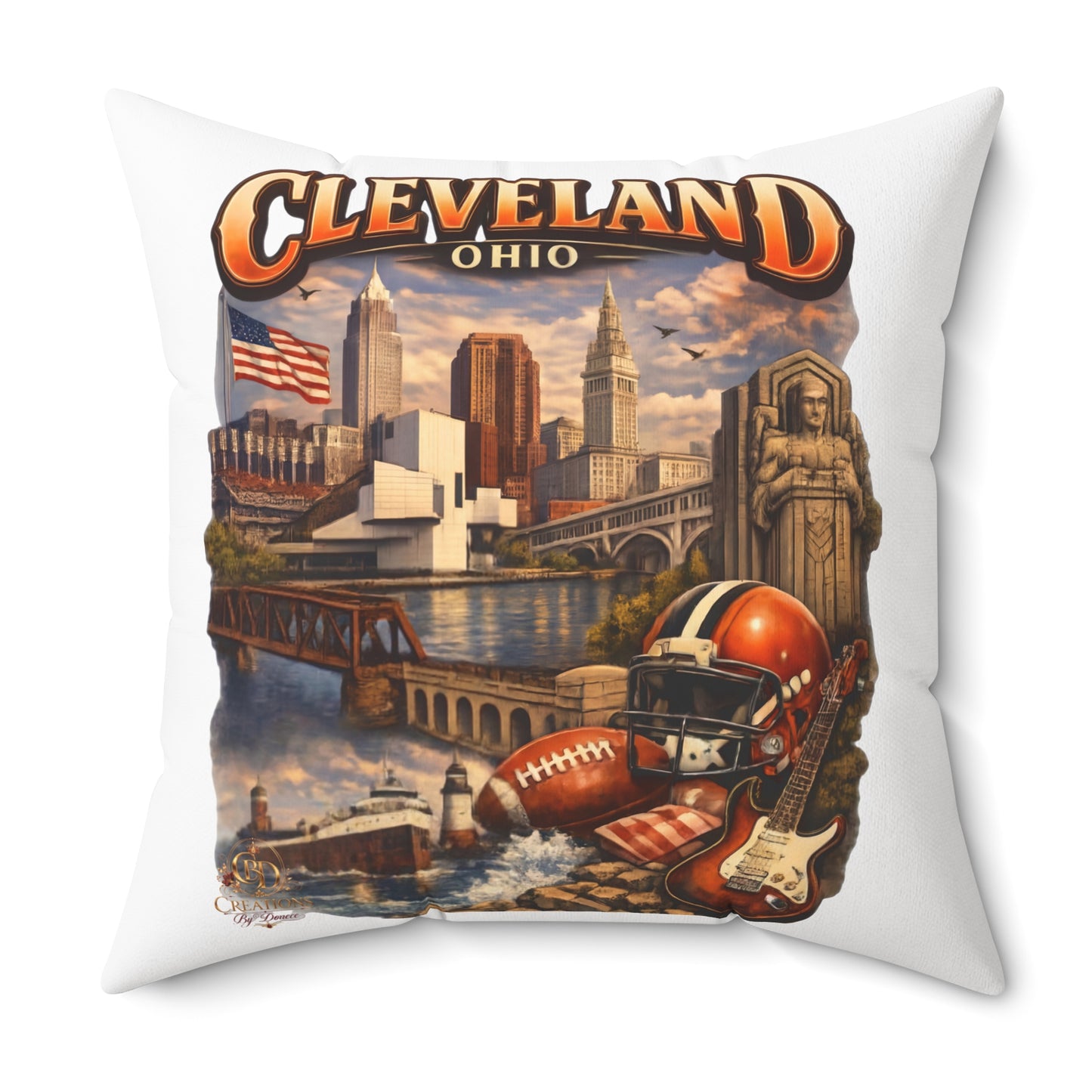 Cleveland Vintage Skyline Throw Pillow – Ohio Cityscape with Football & Rock Icons