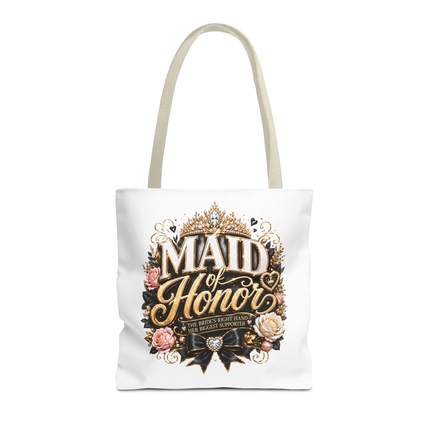 Maid of Honor Tote Bag — Elegant Bridal Party Gift with Gold Crown Floral Design