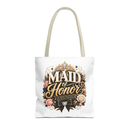 Maid of Honor Tote Bag — Elegant Bridal Party Gift with Gold Crown Floral Design