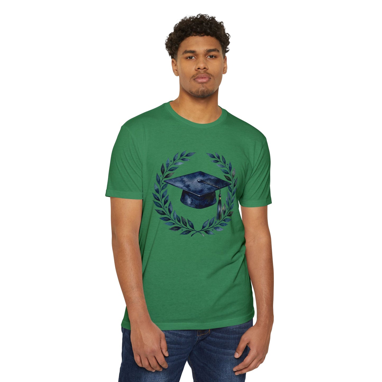 Graduation Cap Laurel T-Shirt — Navy Watercolor Grad Tee