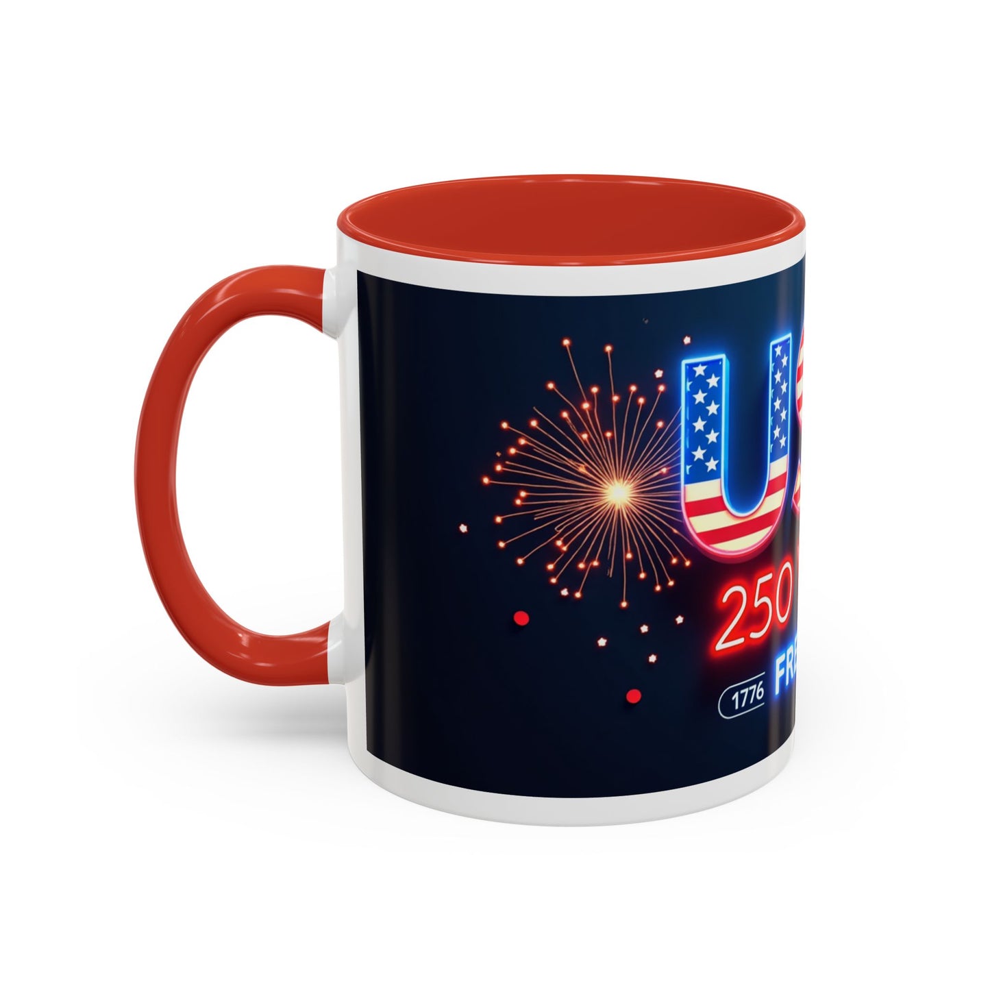 USA 250 Years of Freedom Accent Coffee Mug — Patriotic 1776–2026 Fireworks Design (11/15oz)