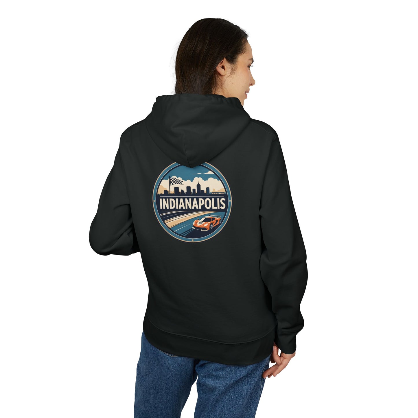 Indianapolis Racing Hoodie — Retro City Skyline & Racecar Design