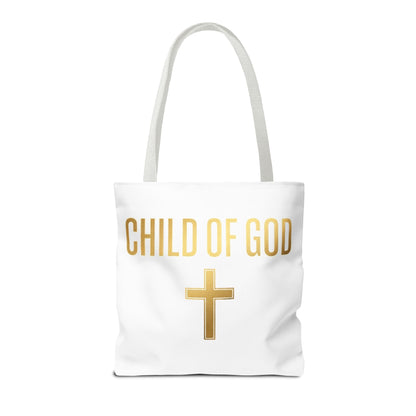 Child of God Tote Bag — Gold Cross Religious Canvas Tote
