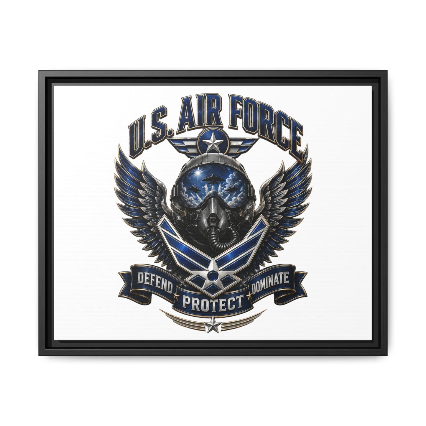 U.S. Air Force Emblem Framed Canvas Print – "Defend Protect Dominate" Military Wall Art