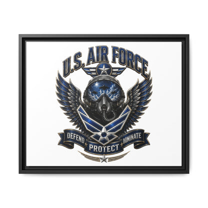 U.S. Air Force Emblem Framed Canvas Print – "Defend Protect Dominate" Military Wall Art