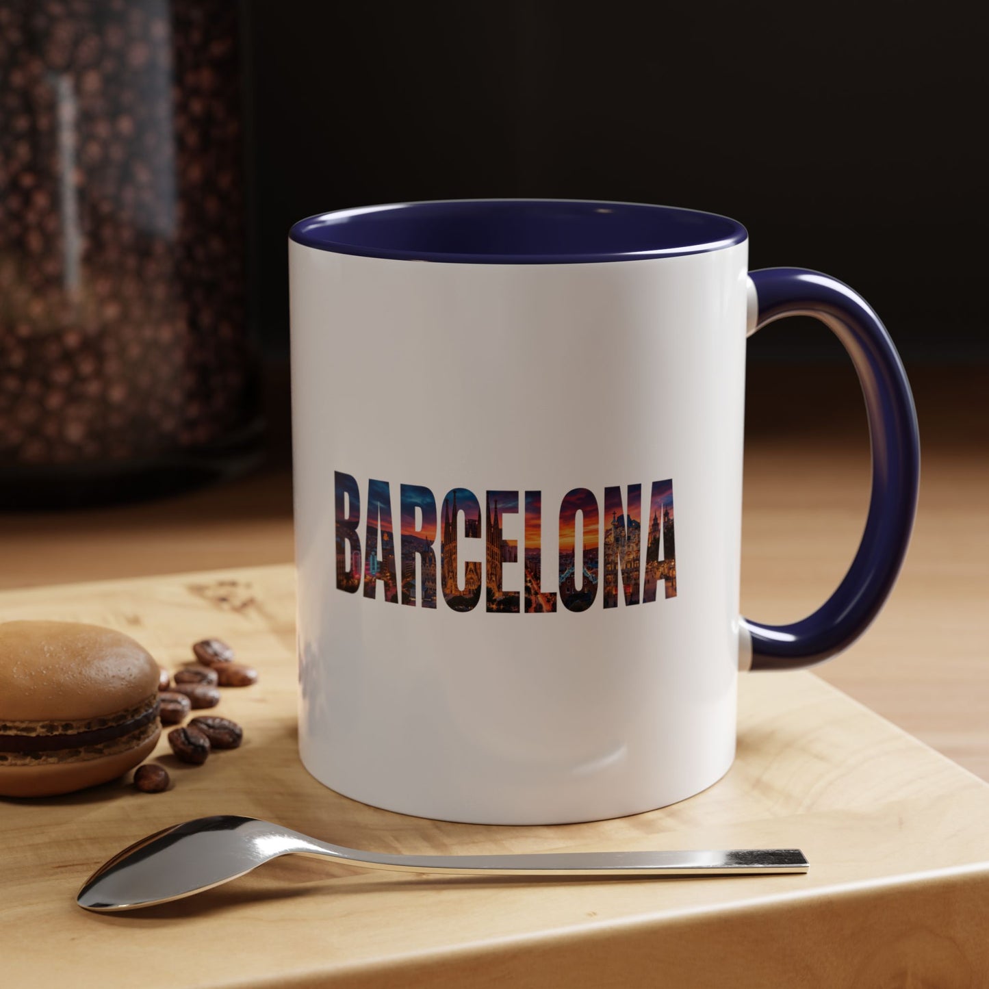 Barcelona Accent Coffee Mug — Scenic Cityscape Text Travel Souvenir (11/15oz)