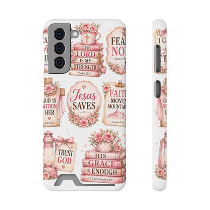 Christian Phone Case with Card Holder — 'Jesus Saves' Floral Scripture Design